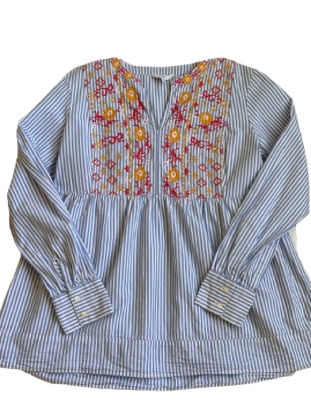 crown & ivy Blue-and-White Striped Top with Yellow & Pink Embroidery Size L